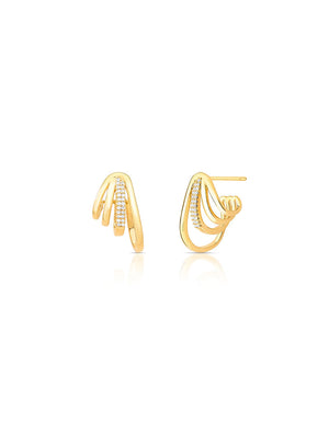 Brinco Argola Curvado Voltas Cravejado Banho Ouro 18K Zircônia