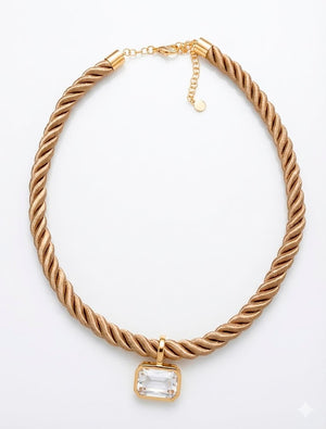 Colar Cordão Torcido Pingente Retângulo Banho Ouro 18K Cristal