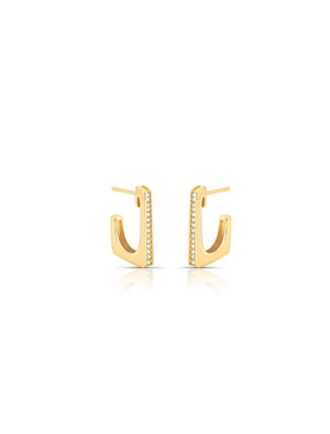 Brinco Meia Argola Retangular Cravejada Banho Ouro 18K Zircônia