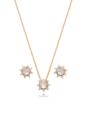 Conjunto Flor Ponto de Luz Banho Ouro 18K Cristal
