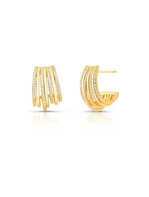 Brinco Fileiras Cravejadas Banho Ouro 18K Zircônia