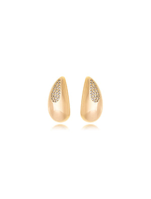 Brinco Gota Abaulada Cravejada Banho Ouro 18K Zircônia