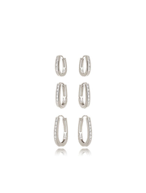 Brinco Trio Argola Click Banho Ródio Cristal