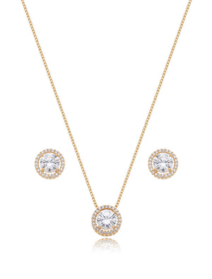 Conjunto Teen Redondo Cravejado Banho Ouro 18K Cristal e Zircônia
