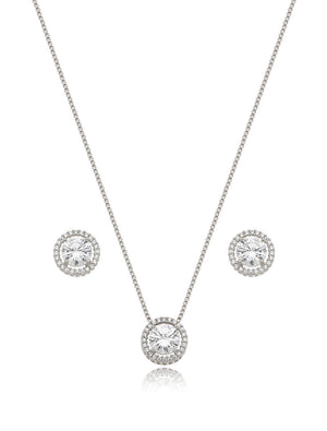 Conjunto Teen Redondo Cravejado Banho Ródio Cristal e Zircônia