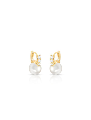 Brinco Argola Três Pontos de Luz Pérola Shell Banho Ouro 18k Zircônia