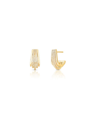 Brinco Meia Argola Fileira Cravejada Banho Ouro 18k Zircônia