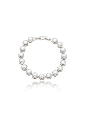 Pulseira Redonda Volta Cravejada Pérola Banho Prateado Pérola Shell