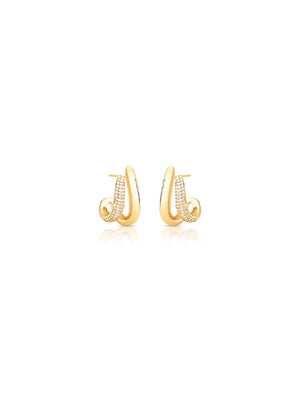 Brinco Meia Argola Orgânica Cravejada Banho Ouro 18k Zircônia