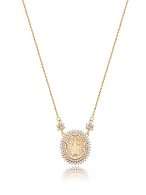 Colar Medalha Nossa Senhora das Graças Volta Cravejada Banho Ouro 18k