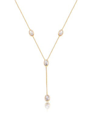 Colar Quatro Cristais Ovais Gravatinha Banho Ouro 18k