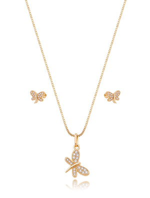 Conjunto Infantil Borboleta Cravejada Banho Ouro 18K Zircônia