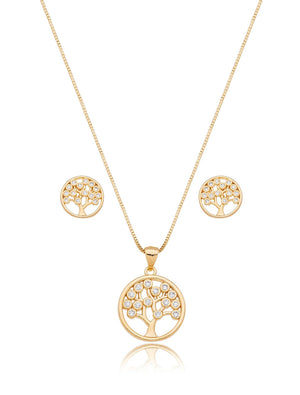 Conjunto Árvore Da Vida Zircônias Vazado Banho Ouro 18k