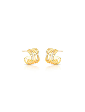 Brinco Meia Argola Curvada Detalhe Cravejado Banho Ouro 18k Zircônia