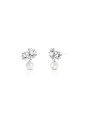 Brinco Base Flores Cravejada Pérola Banho Ródio Pérola Shell e Zircônia