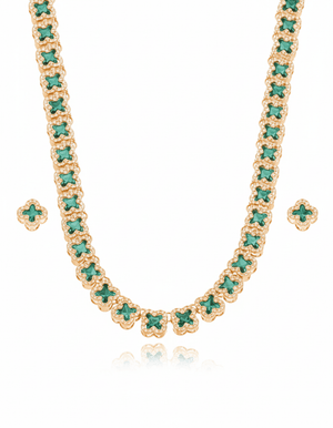 Conjunto Trevo Cravejado Banho Dourado Cristal