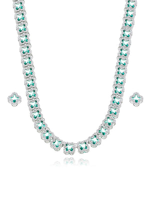 Conjunto Completo Trevos Cravejados Banho Prateado Zircônia