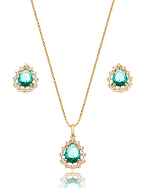 Conjunto Gota Cravejado Banho Ouro 18K Cristal Zircônia