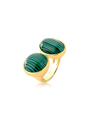 Anel Meio Oval Redondo Pedra  Banho Ouro 18k Malaquita