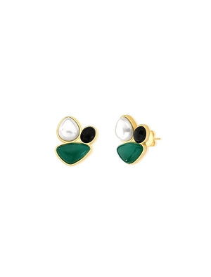 Brinco 3 Formas Geométricas Banho Ouro 18k Agata Verde E Pérola Shell