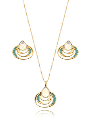 Conjunto Gota Orgânico Banho Ouro 18K Opalina Perolada Verde