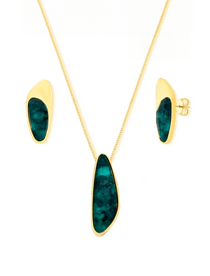Conjunto Orgânico Alongado Pedra Central Banho Ouro 18k Esmeralda