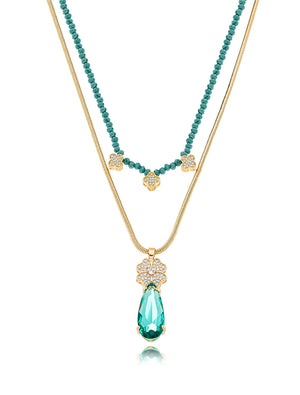 Colar Oásis Duo Choker e Ajustável Gota Trevo Cravejado Banho Ouro 18K Cristal Zircônia