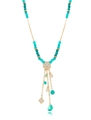 Colar Oásis Ajustável Trevo Cravejado Banho Ouro 18K Cristal Jade Howlita Zircônia