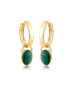 Brinco Argola 2 em 1 Oval  Pedra Banho Ouro 18k Malaquita