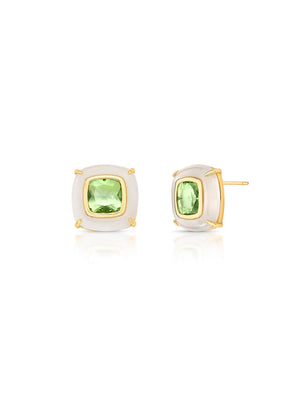 Brinco Cristal Quadrado Verde Volta Branca Banho Ouro 18k
