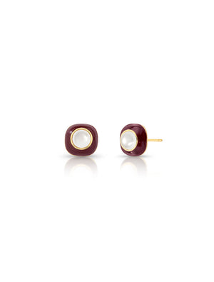 Brinco Fixo Quadrado Esmaltado Banho Ouro 18k Pérola Shell